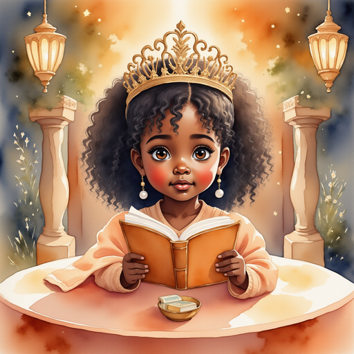 Queen Neena sits at a round table, reading the big cookbook with a thoughtful look. In the background, a soft glow of lanterns lights the area