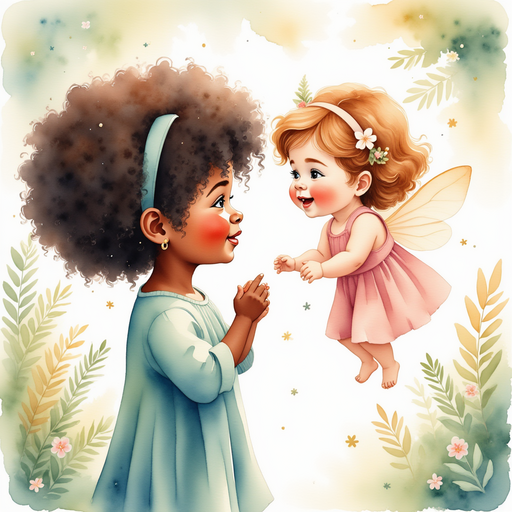 Sparkle, the friendly fairy, hovers in the air with a radiant smile as she engages with Lele. In the background, soft rays of light filtering through the leafy canopy.