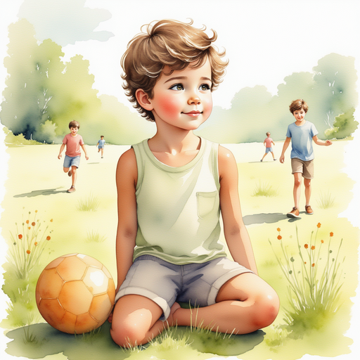 Diego sitting alone with his golden ball while his friends play soccer in the distance.