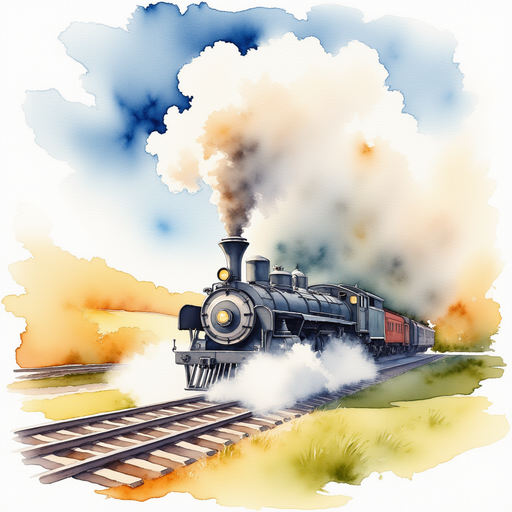 A tall, curly whistle stands near the train. In the background, the train tracks shimmer under the sun. In the background, the train tracks shimmer under the sun.