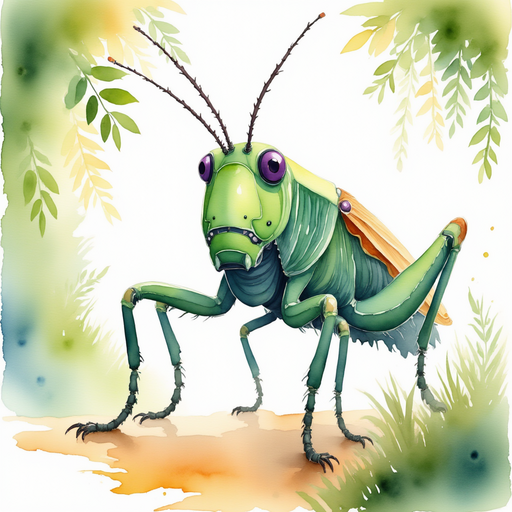 Show Buzzywhirl facing the wise crickets, eyes brightening with relief. In the background, low-hanging branches form a natural archway.