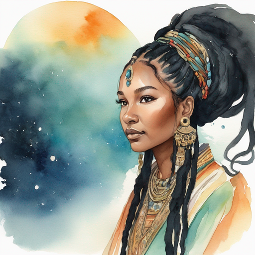 Sibylline as a young woman with long dark dreadlocks pinned into a tribal bun heavy make-up and tribal jewelry wearing a cosmic royal majestic robe floating in the cosmic kingdom.