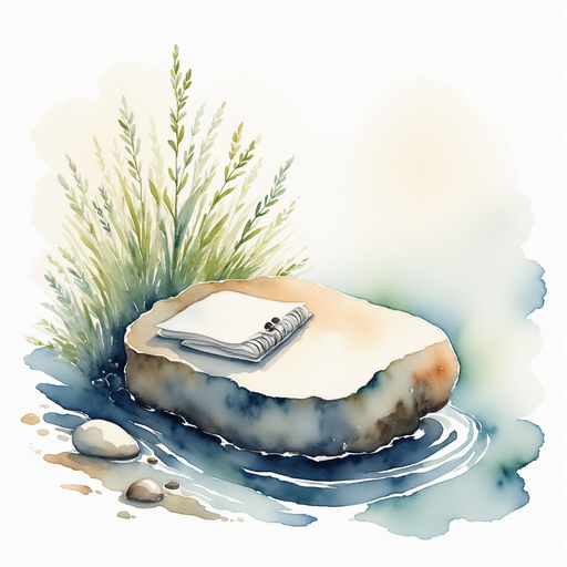 A shiny silver note rests on an ancient stone. In the background, a trickle of water winds around the rock.