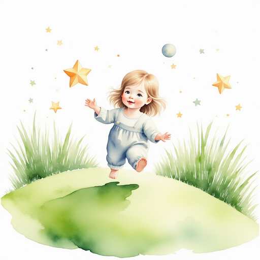 Little Star reaches out one hand. In the background, green grass rolls over small hills.