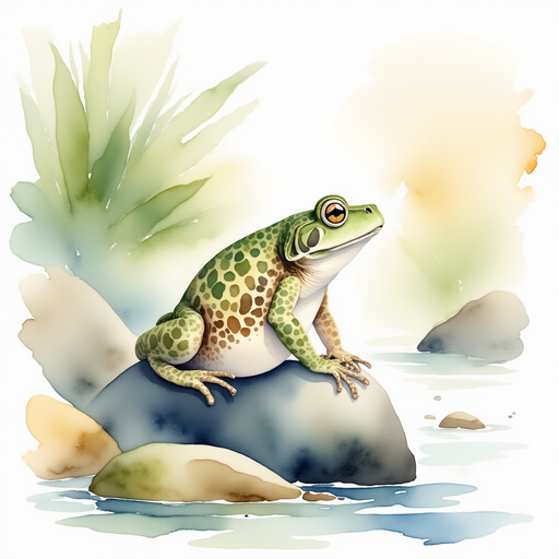 Illustrate a toad resting on a large, smooth river rock, looking wise and thoughtful. In the background, a gentle stream flowing by.