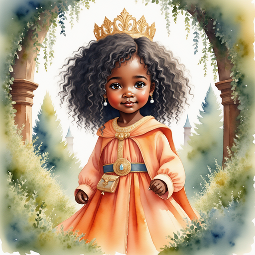 Queen Neena stands at the entrance to the thick hedge walls, her long cloak trailing behind her. In the background, distant castle towers stand quietly.