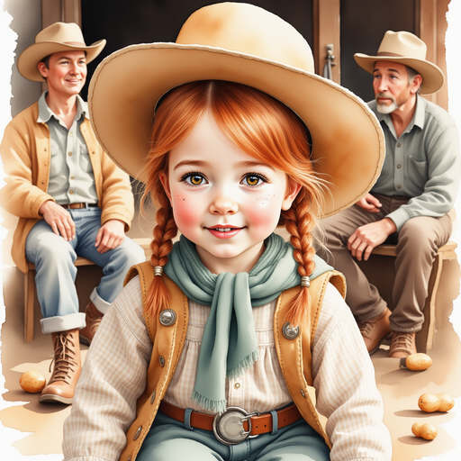 Calamity Kate in conversation with the old-timers, who lean forward with kind expressions. In the background, peanut shells and wagon wheels decorate the saloon floor.