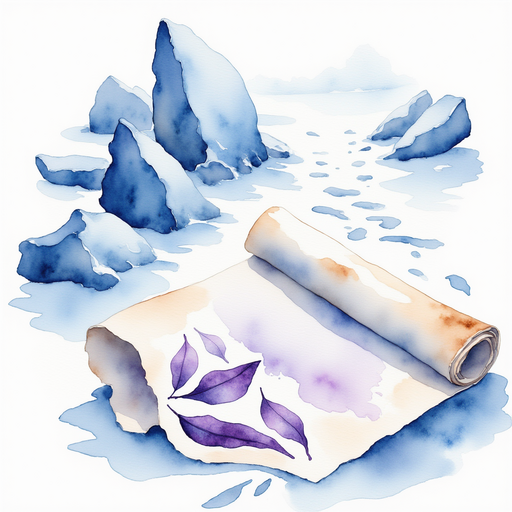A rolled parchment with purple-ink drawings rests against fractured ice. In the background, faint footprints trail off into softly drifting snow.