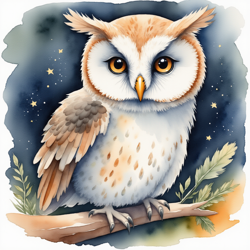 Illustrate the magical feather, glowing softly as it is offered by the wise old owl. Twilight forest scene