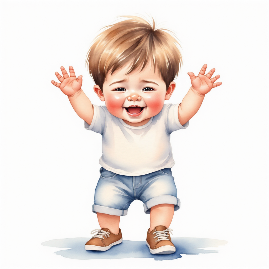 Depict a little boy crying. Make sure he is wearing shoes. Make sure each of his hands has four fingers and one thumb.
