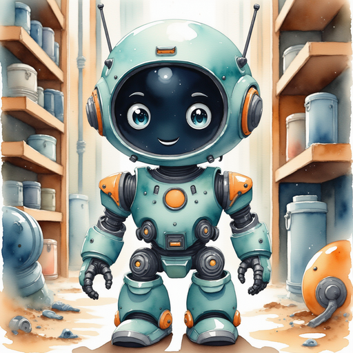 Blinky Sparx adjusting a small gear with a sparkly light in the eyes In the background stand tall shelves piled with spare parts