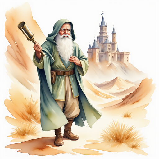 The wise sage, cloaked and holding a small telescope, stands near the castle's entrance. In the background, drifting sands form ridges around the base of the castle.