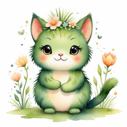 A miniature baby dragon with glittery wings naps happily inside a flower basket, surrounded by blooming blossoms. In the background, chibi fairies energetically prepare decorations near the cozy cottages.