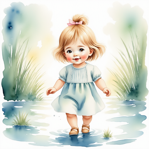Illustrate Katie stepping into a shimmering pond with a look of determination and curiosity. In the background, glowing ripples on the pond.