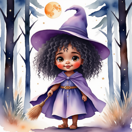 Willow Charms - who is black - stands by tall trees, holding her wand and smiling. In the background, the moon shines gently in a starry sky.
