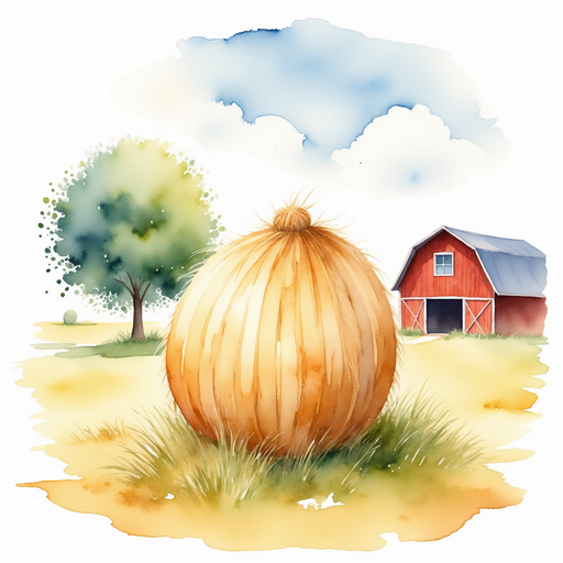 A tall, tidy pile of hay with a few loose strands falling to the ground. In the background, wispy clouds float over the barn roof.