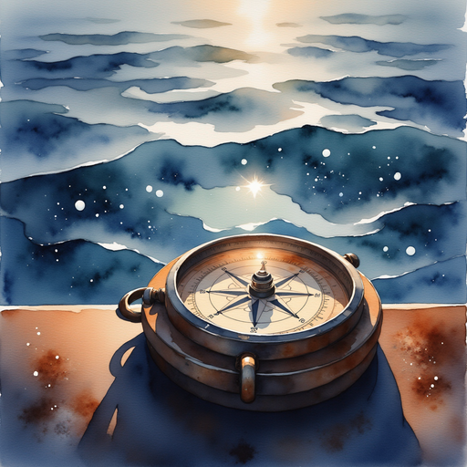Highlight the glowing compass resting against the wooden seat, its needle pointing north. In the background, silver ripples glimmer along the water.