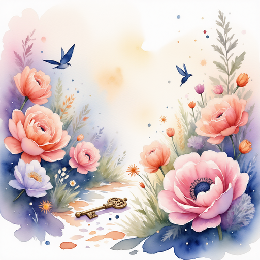 An ornate key on the ground, covered in shifting colors and sparkling with a gentle warmth. In the background, the whimsical world vibrates with soft music and dancing colors.