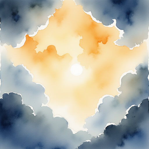 A cloudy sky overhead, blocking out the golden sun mentioned in the text_body. In the background large, gray clouds filled with shadow