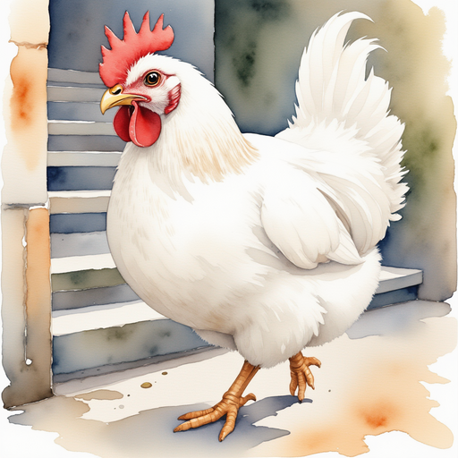 Cluckster walks down a spiraling staircase, feathers neatly ruffled. In the background, stone walls shimmer with faint gem lights.