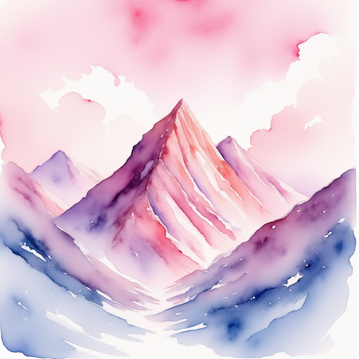 A tall mountain of striped candy cliffs glistens under a pink sky. In the background puffy marshmallow clouds.