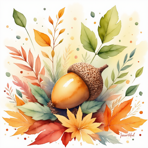 An intriguing, partially buried acorn discovered among a pile of vibrant leaves in a meadow. In the background, a diverse range of colorful leaves covers the ground.