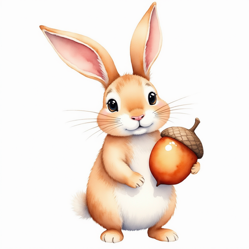 Show the rabbit holding an acorn in one paw.