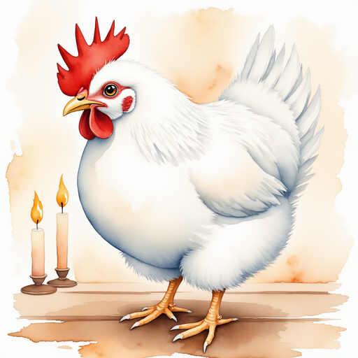 Cluckster stands on a wooden chair, head cocked in curiosity. In the background, flickering candles cast soft shadows.