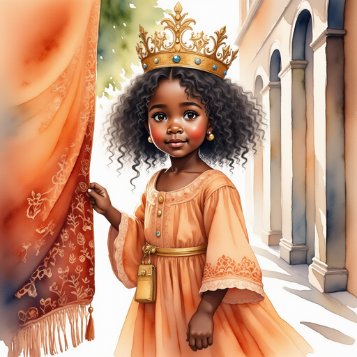Queen Neena stands in a long hallway, gently touching a tapestry on the wall. In the background, the tall windows let in sunbeams
