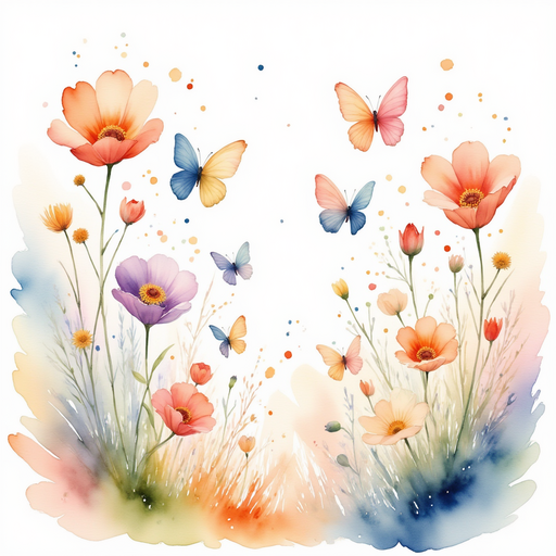 Bright butterflies flap around tall blooms. In the background, a soft rainbow arcs.