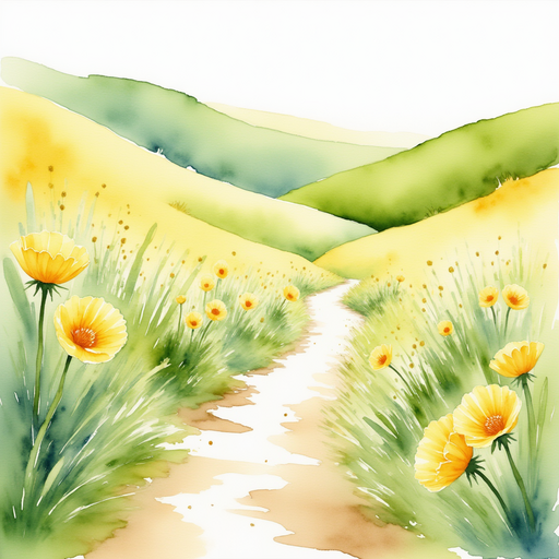 Illustrate the dew-kissed dandelions and buttercups along the winding pathway. In the background, rolling green meadows.