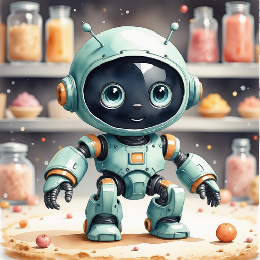 Blinky Sparx slipping on a patch of dough with a surprised expression In the background, metal shelves filled with jars of sprinkles