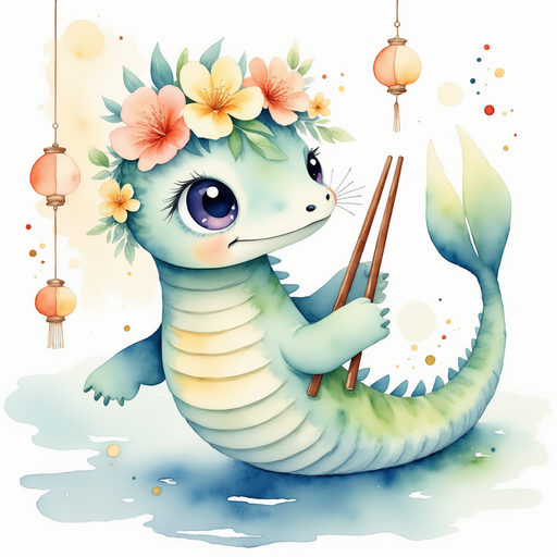 Nessie Sparkles holding a pair of little chopsticks In the background, a stall with hanging lanterns