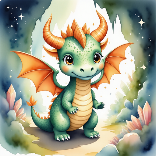 Ember Flare stands at the entrance of the magical cavern, surrounded by glimmering crystals. In the background sparkling reflections shimmer along the cave walls
