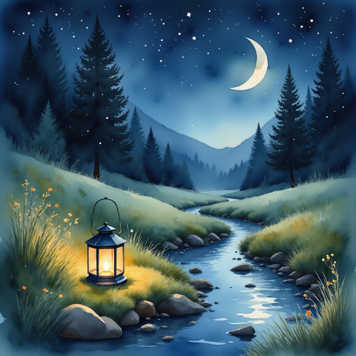 A tiny, glowing lantern resting by the brook, shining gently in the night. In the background, fireflies sparkle and tall trees guard the field.