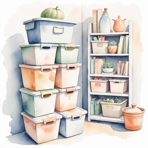 A stack of labeled plastic bins placed in the corner In the background short shelves where items can be neatly stored