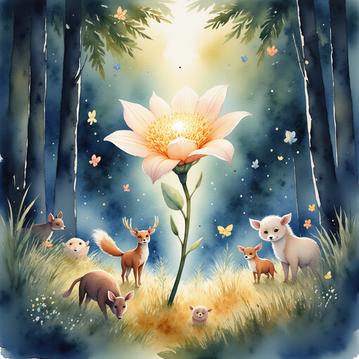 Illustrate the mysterious, glowing flower surrounded by animals in awe, emanating a magical light that captivates all who see it. In the background, the dense forest with shafts of sunlight peeking through leaves.