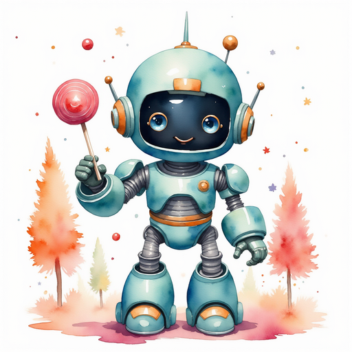 Blinky Sparx waves a shiny metal hand beside a tall lollipop. In the background, swirling candy trees stand.