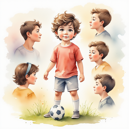 Diego apologizing to his soccer teammates with different faces of different people.