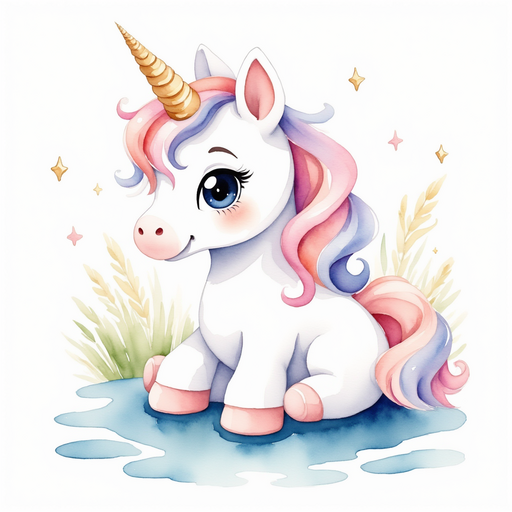A stunning, spiraled unicorn horn belonging to Dewdrop glistens beside a sparkling pond. In the background, gentle ripples in the serene pond.