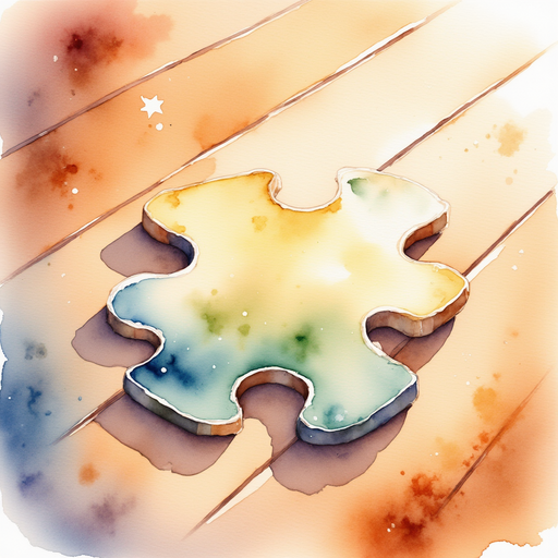 Show a gleaming puzzle piece shining on the floor. In the background, the wooden floor looks warm and bright.