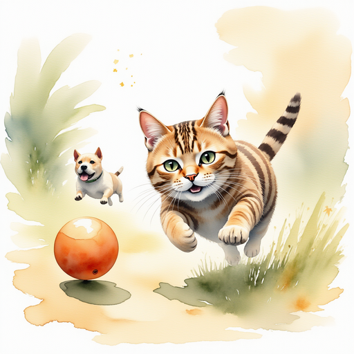 Whiskers the cat running away with the dogs' ball, leaving the dogs in shock.