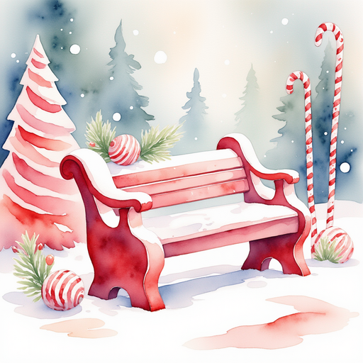 A bench made of vibrant red licorice sits invitingly, surrounded by candy cane trees. In the background, a light snowfall dusts the candy-coated landscape, adding a touch of whimsy.