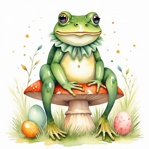 A grumpy frog wearing a monocle and gothic ruffled cravat sits on a toadstool throne, surrounded by confetti-filled eggs. In the background, faint outlines of shadowy spring witches preparing for the egg hunt add a mystical feel.