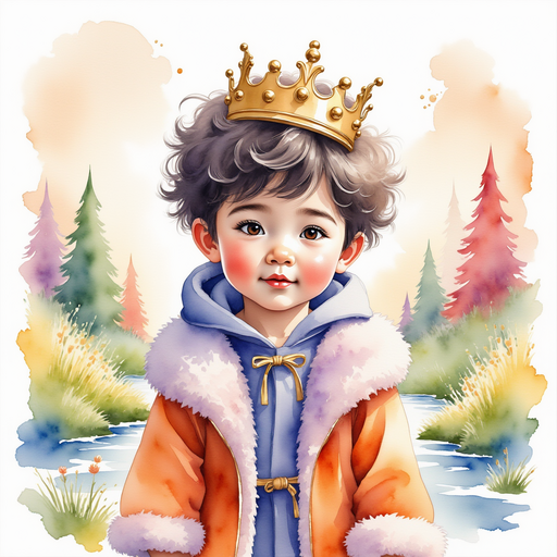 King Doodle Bum in his bright purple robe, admiring the minty lawn. In the background, caramel rivers flow past candy cane trees