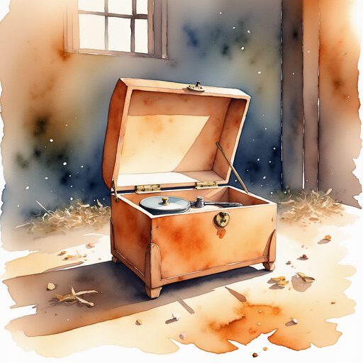 A small music box glints in the sunlight. In the background, the barn floor is scattered with bits of straw.