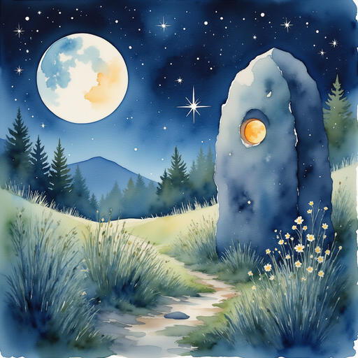 An ancient stone bearing bright, moon-shaped symbols pulsing faintly. In the background, a ring of tall grass sways gently under the moon’s gaze