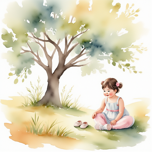 Grace finding a pair of shoes under the oak tree.