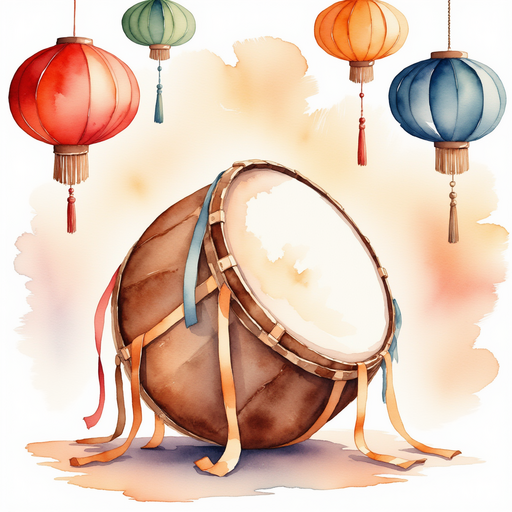A long wooden drum with bright ribbons tied around it. In the background, colorful paper lanterns.