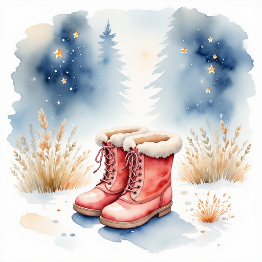 Shiny boots placed gently in white snow. flickering lantern lights